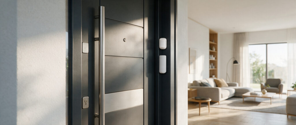 Sensore di sicurezza discreto installato su una porta d'ingresso domestica