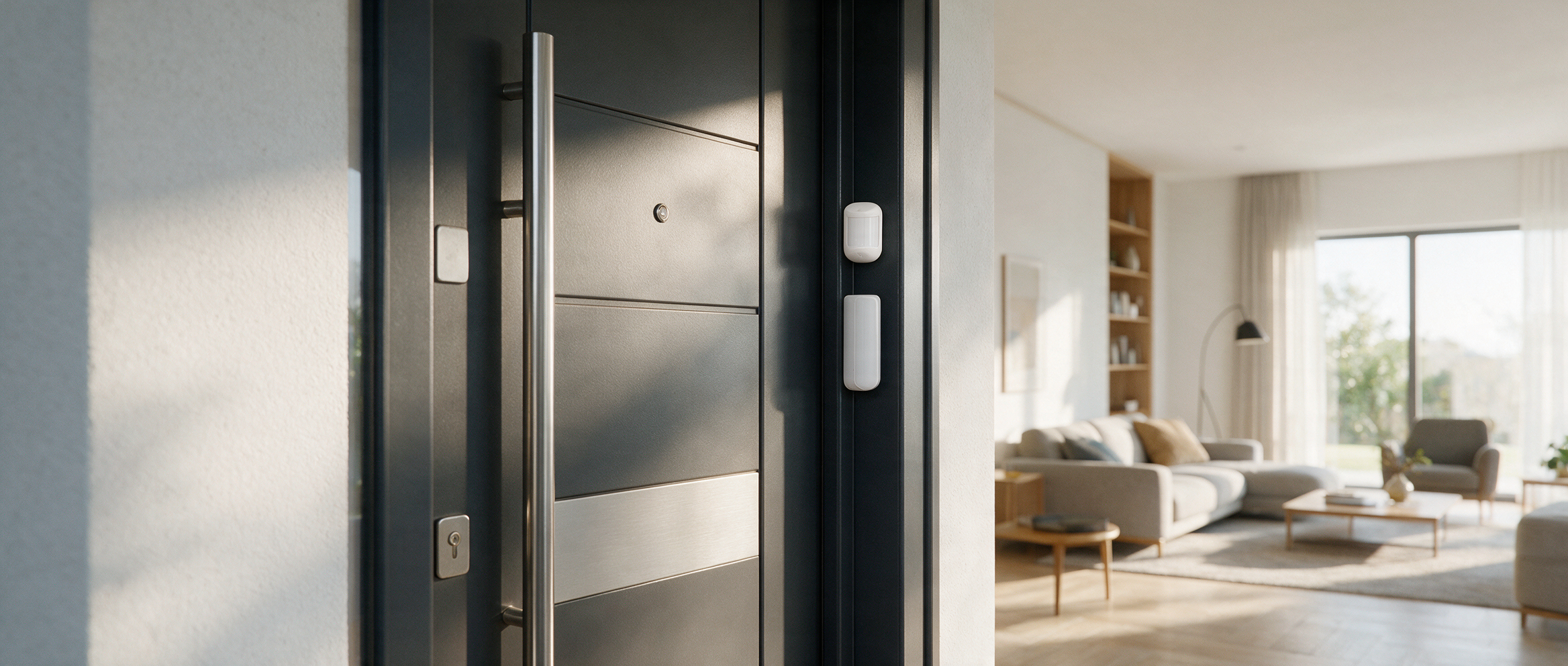 Sensore di sicurezza discreto installato su una porta d'ingresso domestica
