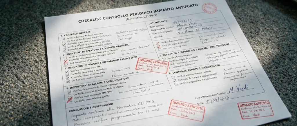 Controllo periodico di un impianto antifurto secondo la normativa CEI 79-3