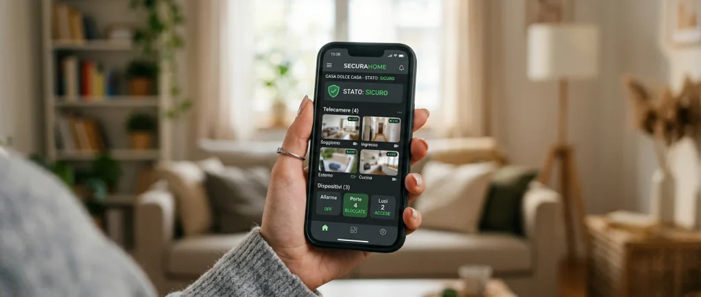 Controllo dell'impianto di sicurezza domestica tramite app da smartphone