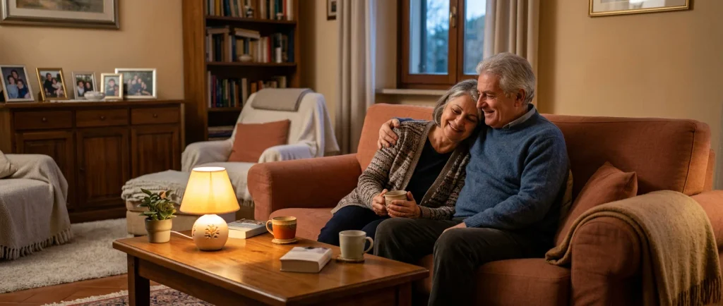 Famiglia che vive serenamente in una casa protetta da un impianto di sicurezza