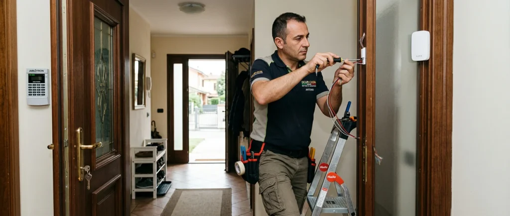 Tecnico durante l'installazione di un impianto di allarme casa