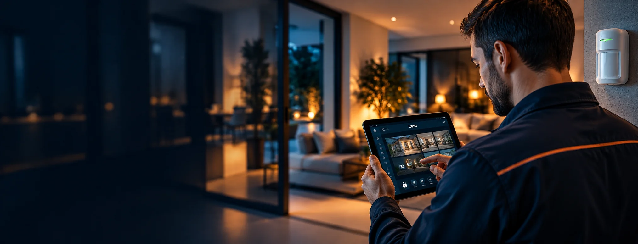 Tecnico Risa Sistemi che gestisce un impianto di sicurezza da tablet in una casa
